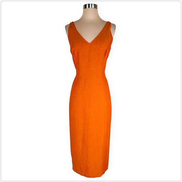 Ann Taylor Deep Orange Linen Rayon Blend Sleeveless V-Neck Sheath Midi Dress 8 - Picture 1 of 4